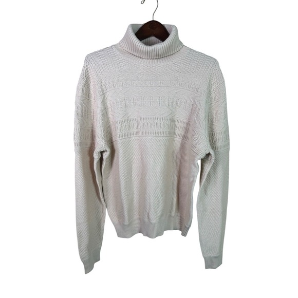J Peterman Cable Knit Cream Turtleneck Fisherman Sweater Size Large‎ - Picture 1 of 6